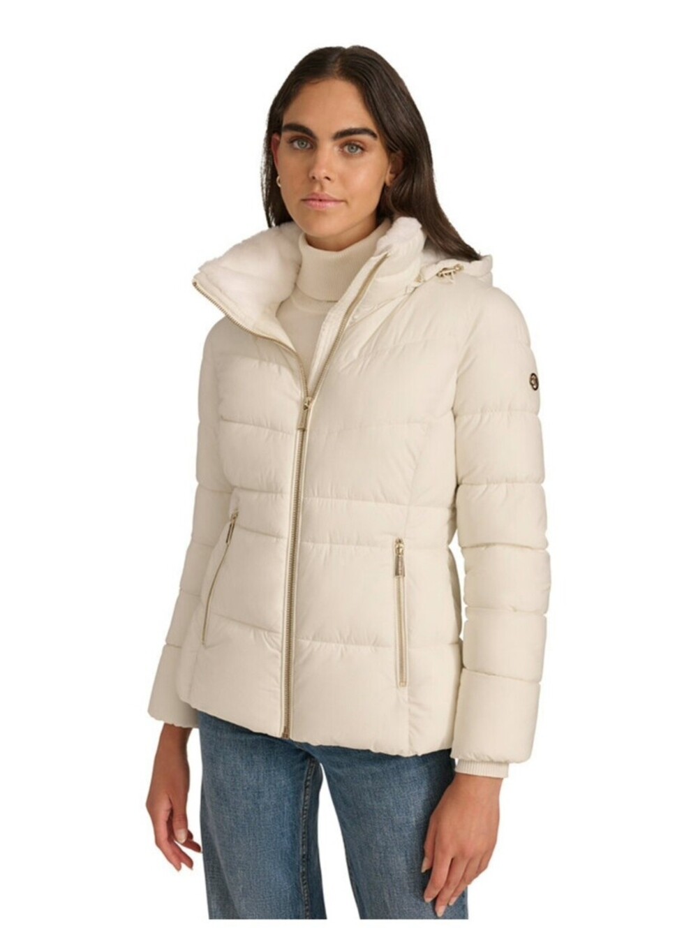 Calvin klein Women's Cream Puffer Jacket with Hood